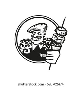 Black and white vector drawing of a Georgian cook in a cap and a lamb with a skewer of shish kebabs. Eps-8