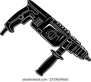 Black and white vector drawing of a hammer drill featuring a pistol-grip handle, auxiliary side handle, and visible drill bit. The design includes detailed elements like trigger, vents, and casing contours, symbolizing power tools and heavy-duty construction. Ideal for use in industrial graphics, DIY content, tool catalogs, and instructional materials