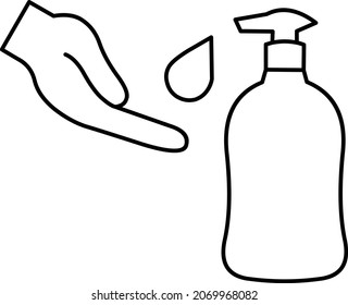 Dibujo vectorial en blanco y negro de una mano que aplica gel antibacteriano.