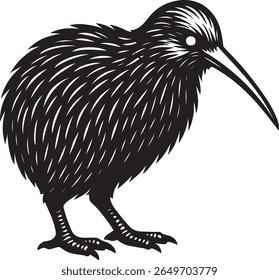 Desenho vetorial preto e branco de um pássaro kiwi de pé no chão. Apresenta penas texturizadas e um bico longo. Perfeito para ilustrações de vida selvagem, logotipos e projetos educacionais.