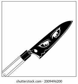 a black and white vector drawing of a knife with an eye in the middle