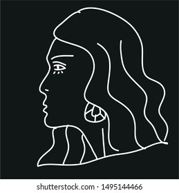 Black and white vector drawing. Minimalist portrait of a girl.Monochrome line drawing with young lady with wavy hair