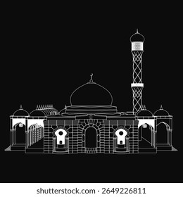 Um desenho vetorial preto e branco de uma mesquita com um minarete detalhado, colocado contra um fundo escuro. O design intrincado apresenta elementos arquitetônicos intemporais em um estilo limpo e artístico.