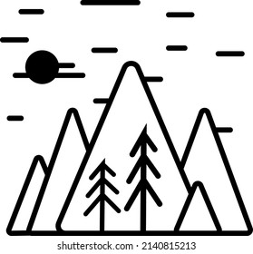 Black and white vector drawing of nature. Mountains, forest and sun.