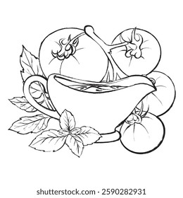 Black and white vector drawing of a sauce boat with tomato sauce, fresh tomatoes, and basil. Perfect for packaging, restaurant design, culinary projects, and logos.