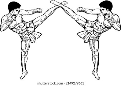 Black and white vector drawing showing the characteristics of Thai boxing.