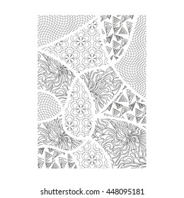 Black and white vector drawing in the style of patchwork. Monochrome elegant pattern in black and white.