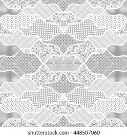 Black and white vector drawing in the style of patchwork. Monochrome elegant pattern in black and white.