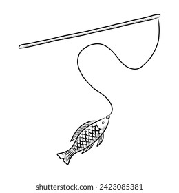BLACK AND WHITE VECTOR DRAWING OF A TOY IN THE FORM OF A FISH ON A FISHING ROD FOR PETS