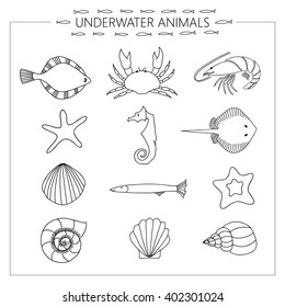 Black and white vector drawing of underwater animals.