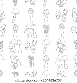 A black and white vector drawing of various mushrooms. Seamless pattern with toadstool and fly agaric outline doodle art