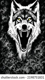 Schwarz-Weiß-Vektorgrafik eines Wolfes. Kopf eines wilden Tieres.