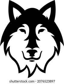 Black and white vector drawing of a wolf's head viewed from the front. Outline.