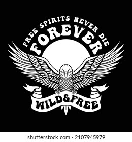 Black and White Vector Eagle Illustration with Open Wings and Slogan Artwork on Black Background
