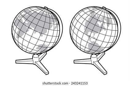 Black and white vector earth globes isolated on white - two views of the earth globe