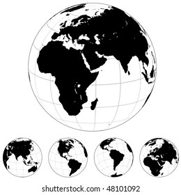 Black and white vector Earth globes isolated on white.