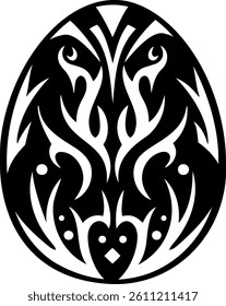 Black and white vector Easter egg resembling a tribal mask. Bold, symmetrical carved pattern design. Ideal for modern crafts and unique holiday decor. Vector for decal, laser cut, card
