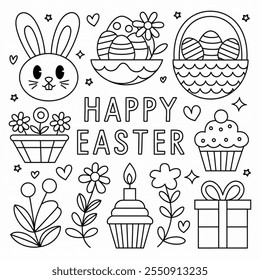 Black and white vector of Easter elements including eggs, a bunny, flowers, a candle, a basket of eggs, a gift box, a cupcake, and 'HAPPY EASTER' text.