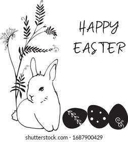 Black and white vector Easter greeting card. Cute baby bunny with eggs.