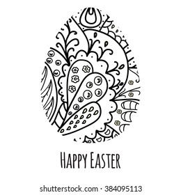 Black and white vector eggs with ornaments in the form of flowers, leaves, ornament, Happy Easter
