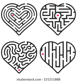 Black and White Vector Elements for Maze Game. Set of Four Maze Hearts