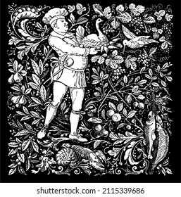 Black and white vector engraving of a chef carrying food against the backdrop of plants, fruits, fish, animals and birds 