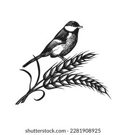 Grabación de vectores en blanco y negro o ilustración de la cosecha de aves en grano de trigo sobre fondo blanco