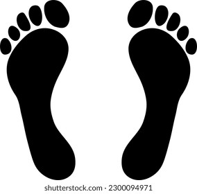 black and white vector eps illustration of two human footprints with toes on white background.