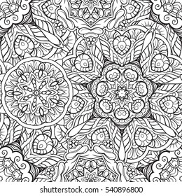 Black and white vector ethnic mandala elements seamless pattern.