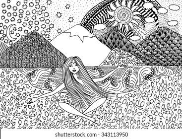 Black and white vector ethnic sketch. Naked girl sitting on the meadow by the lake on a background of mountains. Hand-drawn pattern