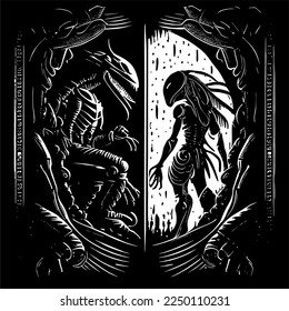 black and white vector fantastic graphics on the theme of aliens from outer space, looks like a frame or illustration for a book or secret messages, symbols and signs of Predators, xenomorphs or Prome