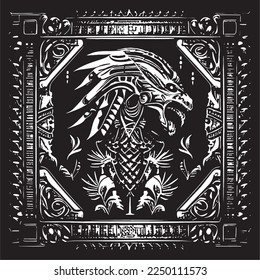 black and white vector fantasy graphics on the theme of dragons, looks like a frame or a book illustration or a secret message, symbols and signs Dragons, basilisks