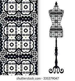 Black and white vector fashion illustration, vintage tailor's dummy for female body, seamless floral geometric pattern. Isolated elements for invitation card design, repeating fabric texture