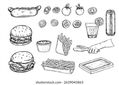 Black and white vector fast food clip art. Hotdog, burger, fries, sauces, vegetables, drink, wooden board. and hand holding tongs graphic line art sketch. American street food for summer event design