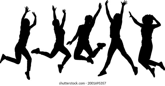 black and white vector female silhouettes for clipping, jumping people, activity and joy