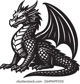 Black and white vector of a fierce dragon sitting with folded wings. Features sharp horns, scales, and strong outline. Perfect for fantasy art, tattoos, logos, or gaming designs