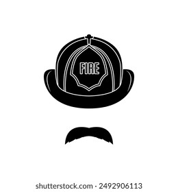 Black and white vector of firefighter helmet with mustache, symbolizing bravery and service.