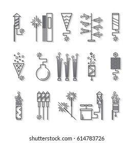 Black and white vector fireworks icons with shadow. Festival or party elements. Line carnival illustration. Firecracker set. Entertainment decor. Cartoon surprise flat pictogram. Show spark symbols