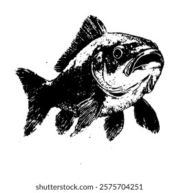 black and white vector of a fish with detailed scales and fins, emphasizing aquatic life, ideal for marine-related designs and underwater themes.