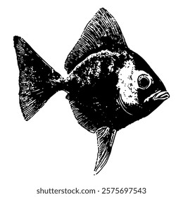 black and white vector of a fish with a rounded body and textured scales, ideal for marine-themed designs or aquatic-inspired artwork.