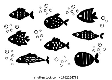 Black and white vector fish set. Silhouette. Isolated on white background. Graphic design elements. Underwater print. 