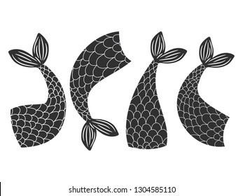 Black and white vector fishes, mermaids tails collection. Mermaid and fairytale fish, tail of animal illustration