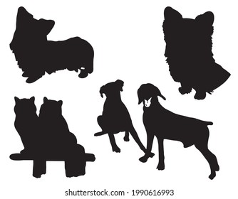 Black and white vector flat design: dog silhouette set