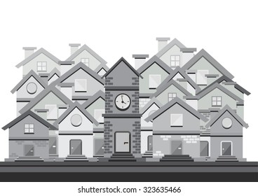 black and white vector flat design with houses