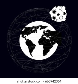 black and white vector flat design illustration of asteroid and planet earth