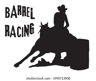 Ilustración plana vectorial en blanco y negro: Carrera de barriles en la silueta occidental de caballos y jinetes