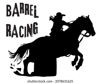 Ilustración plana vectorial en blanco y negro: Carrera de barriles en la silueta occidental de caballos y jinetes