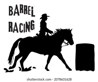 Ilustración plana vectorial en blanco y negro: Carrera de barriles en la silueta occidental de caballos y jinetes