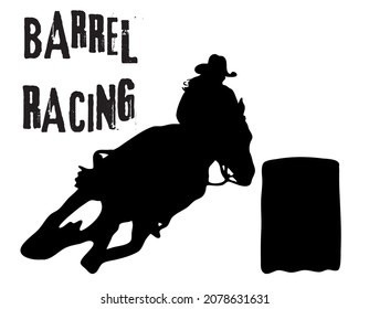 Black And White Vector Flat Illustration: Barrel Racing Western Horse And Rider Silhouette