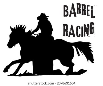 Black And White Vector Flat Illustration: Barrel Racing Western Horse And Rider Silhouette